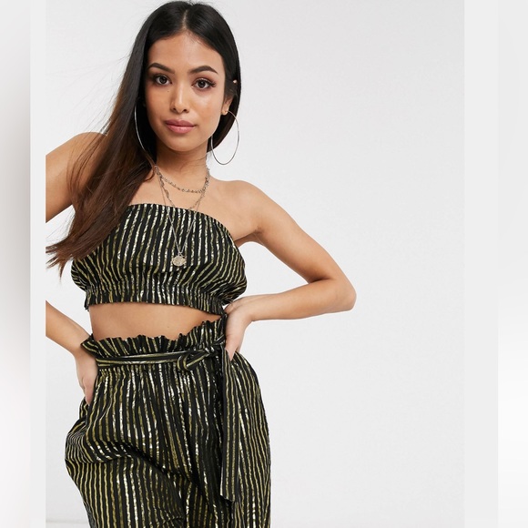 ASOS Petite Gold Metallic Stripe Bandeau Tube Top with Paper-bag High Waist Pant - Picture 6 of 15